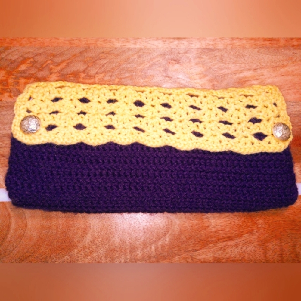 Handcrafted Crochet Clutch in Purple & Yellow with Pearlized Bead Buttons